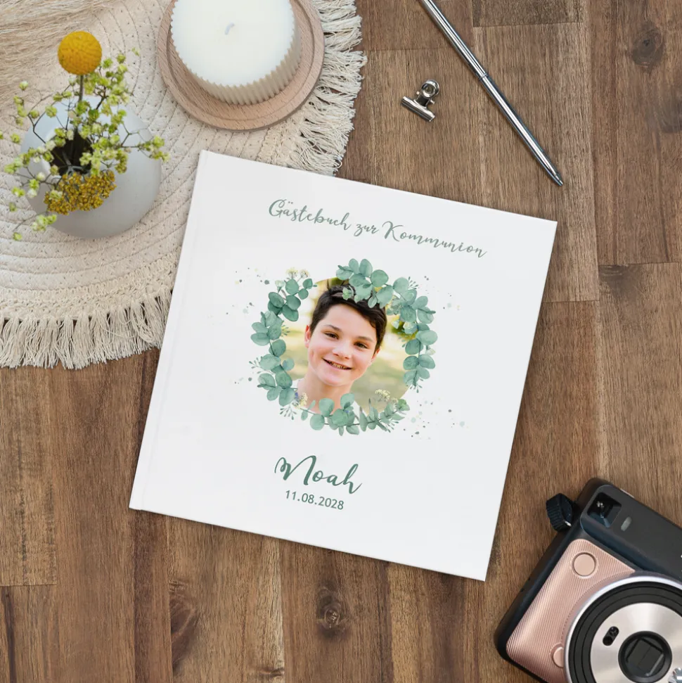 Gästebuch Kommunion "Eukalyptuskranz mit Foto"