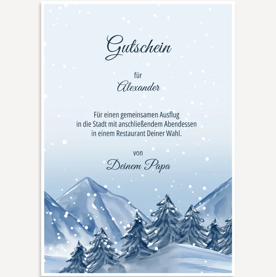 Gutschein Vorlage zum Ausdrucken "Winterlandschaft Berge"