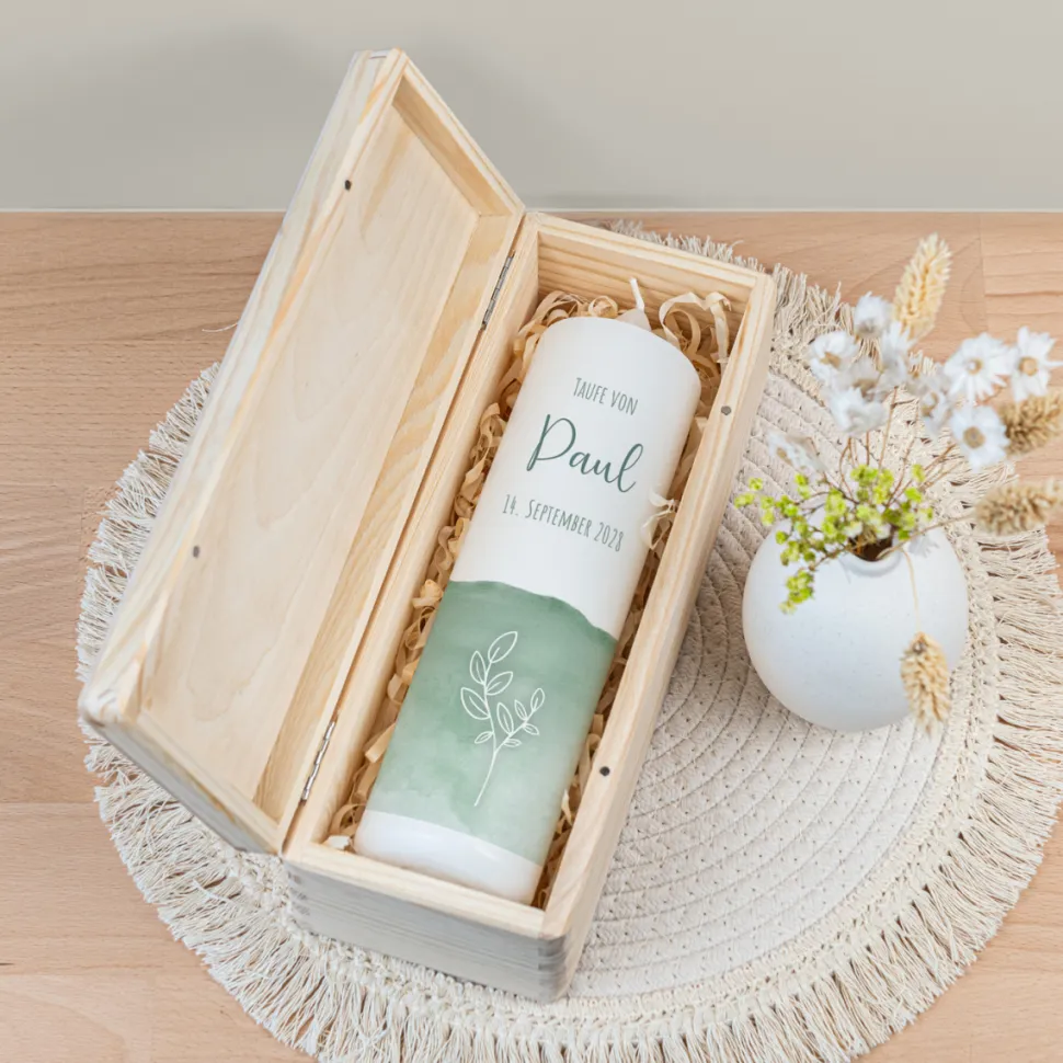 Kerzenbox Holz "Aquarell mit Zweig grün"