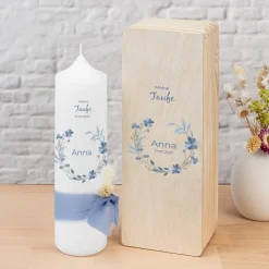 Kerzenbox Holz "Blütenkranz blau"