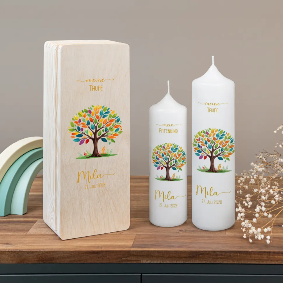 Kerzenbox Holz "Lebensbaum Bunte Blätter"