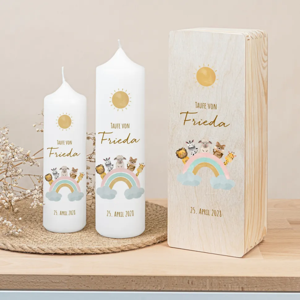 Kerzenbox Holz "Liluna Tiere mit Regenbogen"
