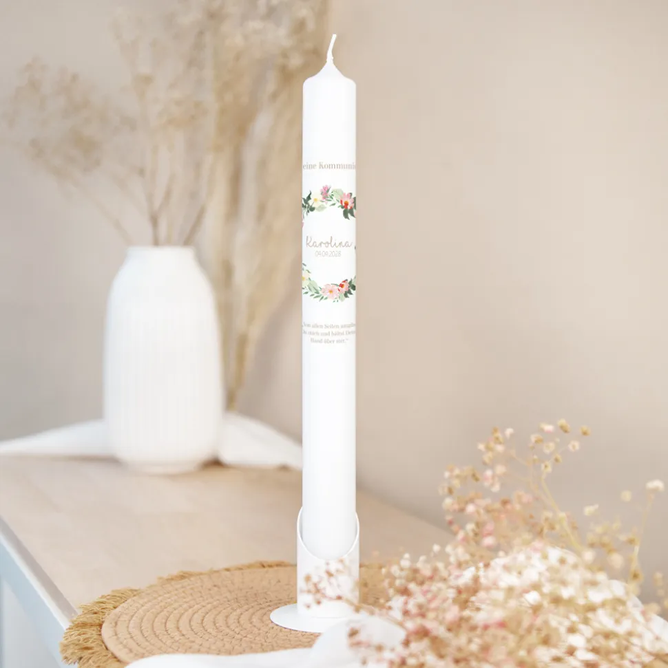 Kommunionkerze Floraler Kranz Aquarell schmal