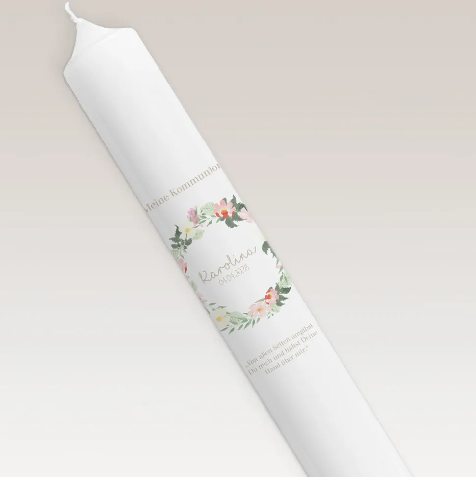 Kommunionkerze Floraler Kranz Aquarell schmal