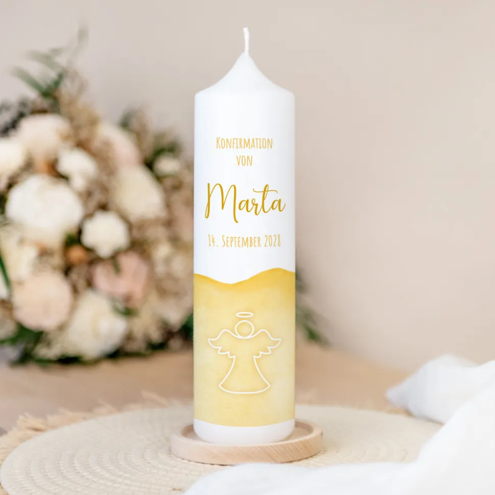 Konfirmationskerze Aquarell mit Engel gold-gelb