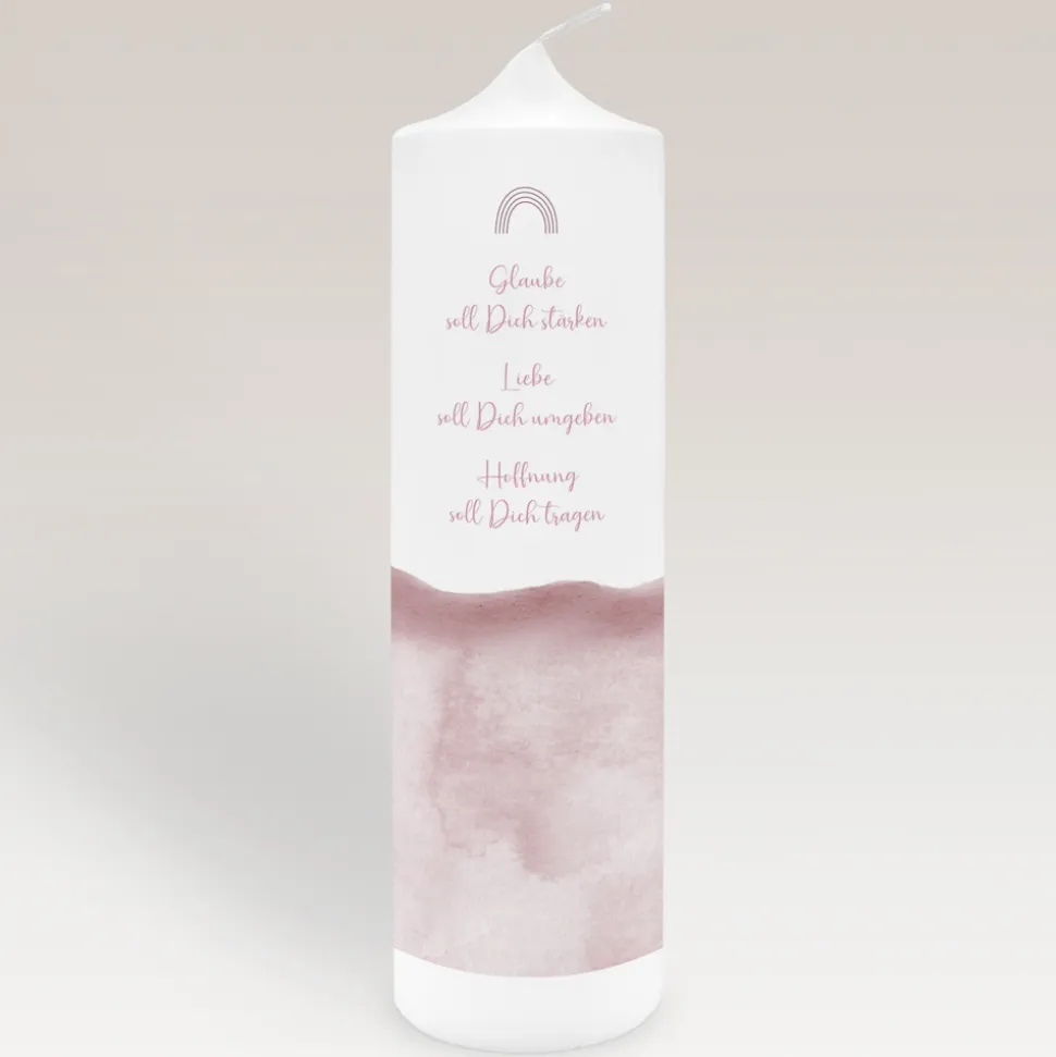 Konfirmationskerze Aquarell mit Regenbogen rosa