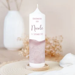 Konfirmationskerze Aquarell mit Regenbogen rosa