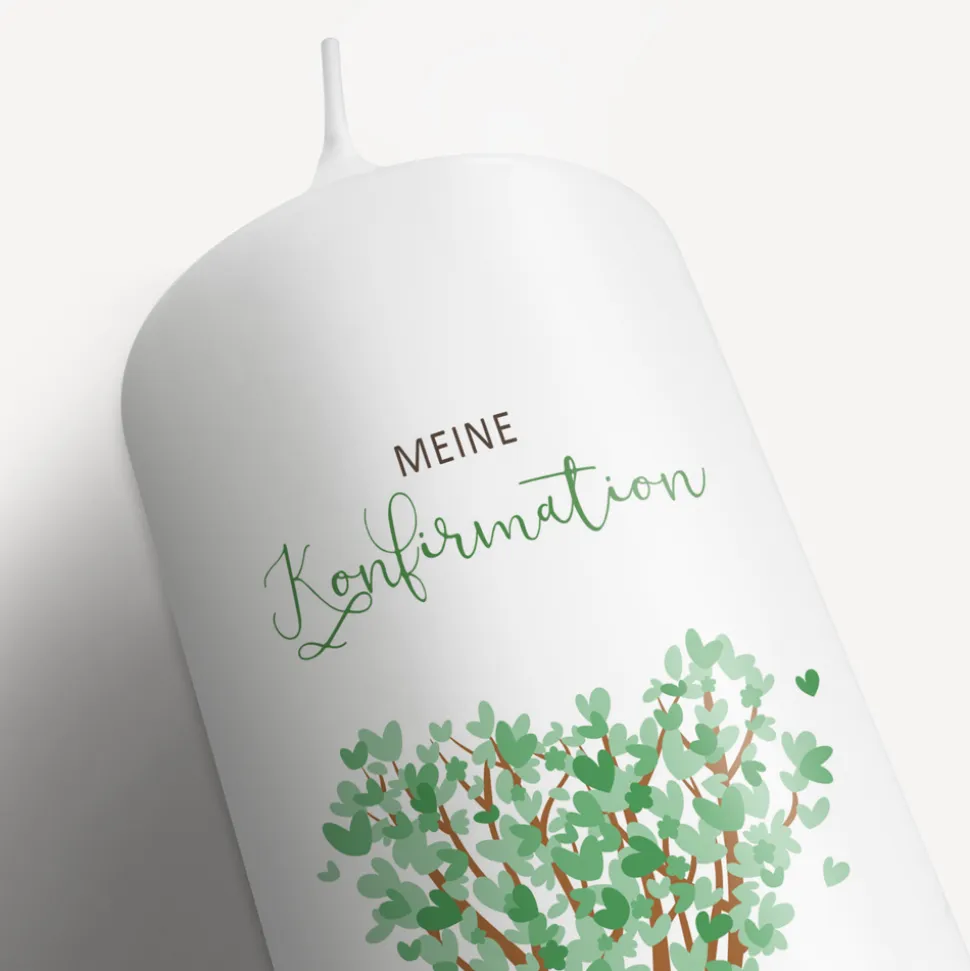 Konfirmationskerze Baum Herzen mit Juteband