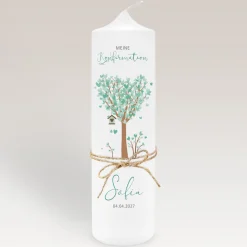 Konfirmationskerze Baum Herzen mit Juteband