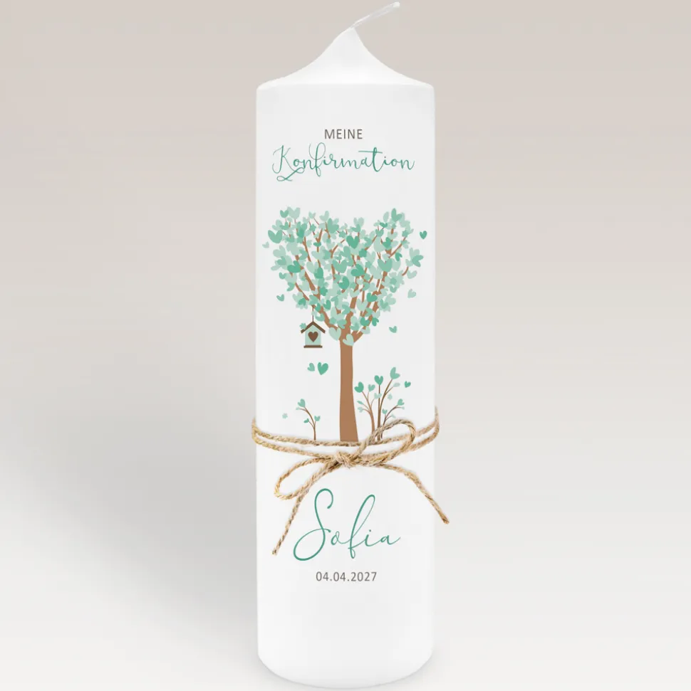 Konfirmationskerze Baum Herzen mit Juteband