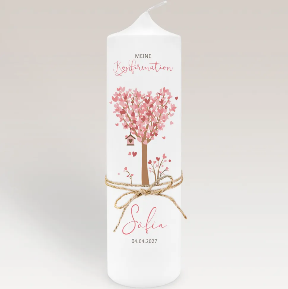 Konfirmationskerze Baum Herzen mit Juteband