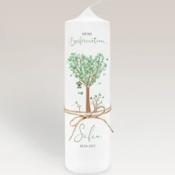 Konfirmationskerze Baum Herzen mit Juteband