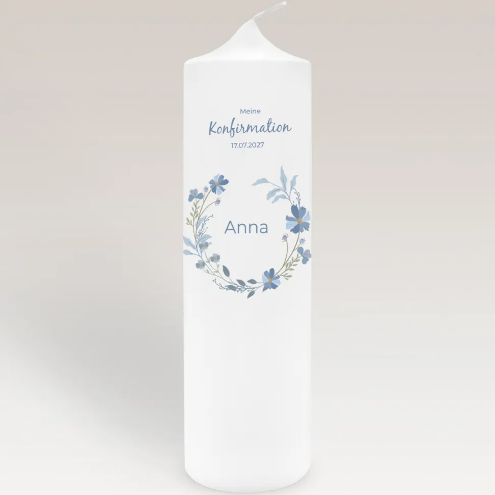 Konfirmationskerze Blütenkranz blau