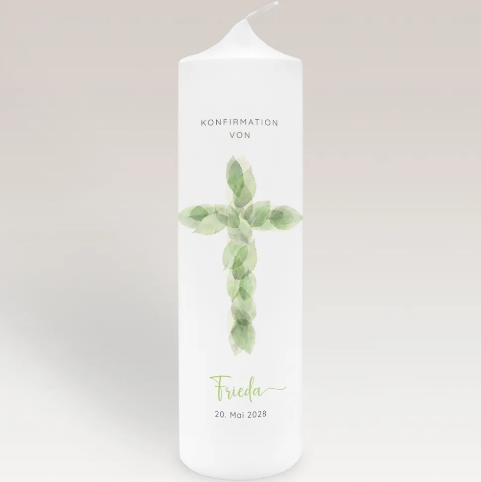 Konfirmationskerze Blätterkreuz