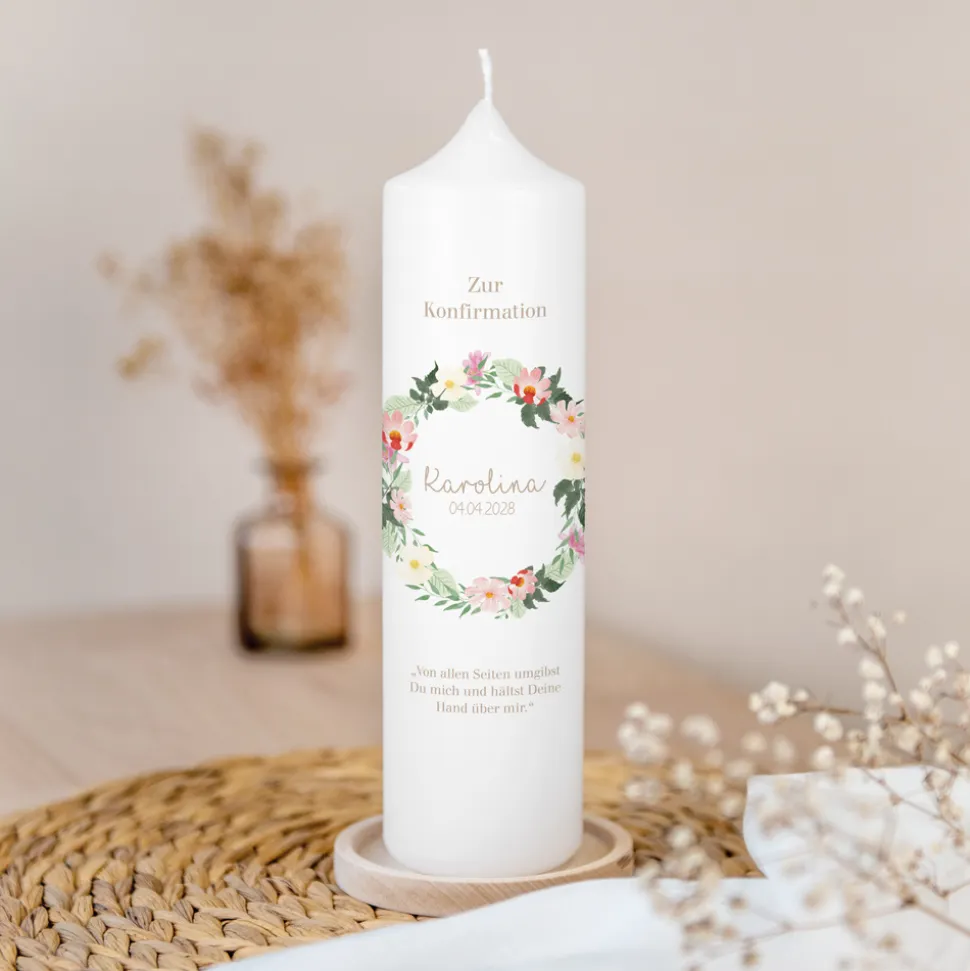 Konfirmationskerze Floraler Kranz Aquarell