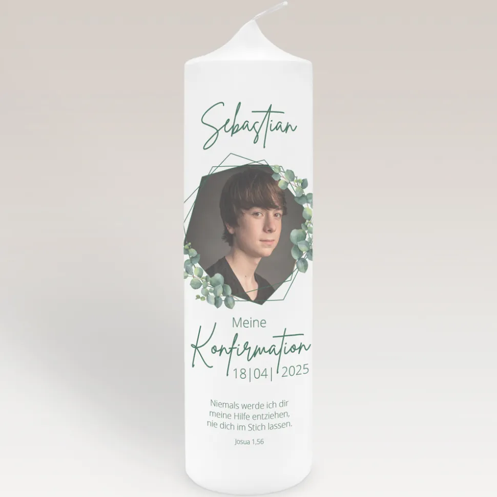Konfirmationskerze mit Foto Eukalyptus Geometrie Junge