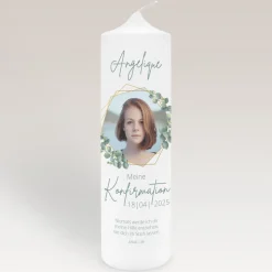 Konfirmationskerze mit Foto Eukalyptus Geometrie Mädchen