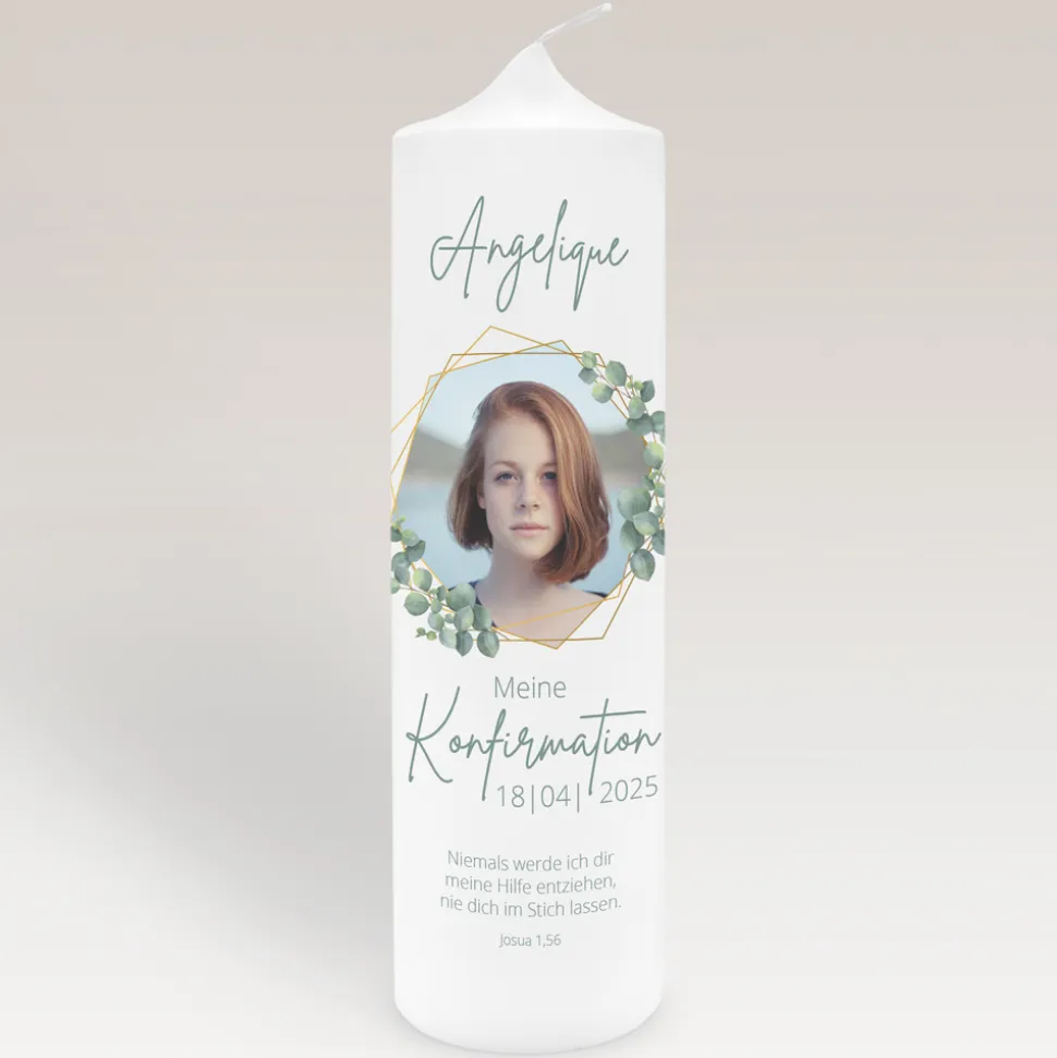 Konfirmationskerze mit Foto Eukalyptus Geometrie Mädchen