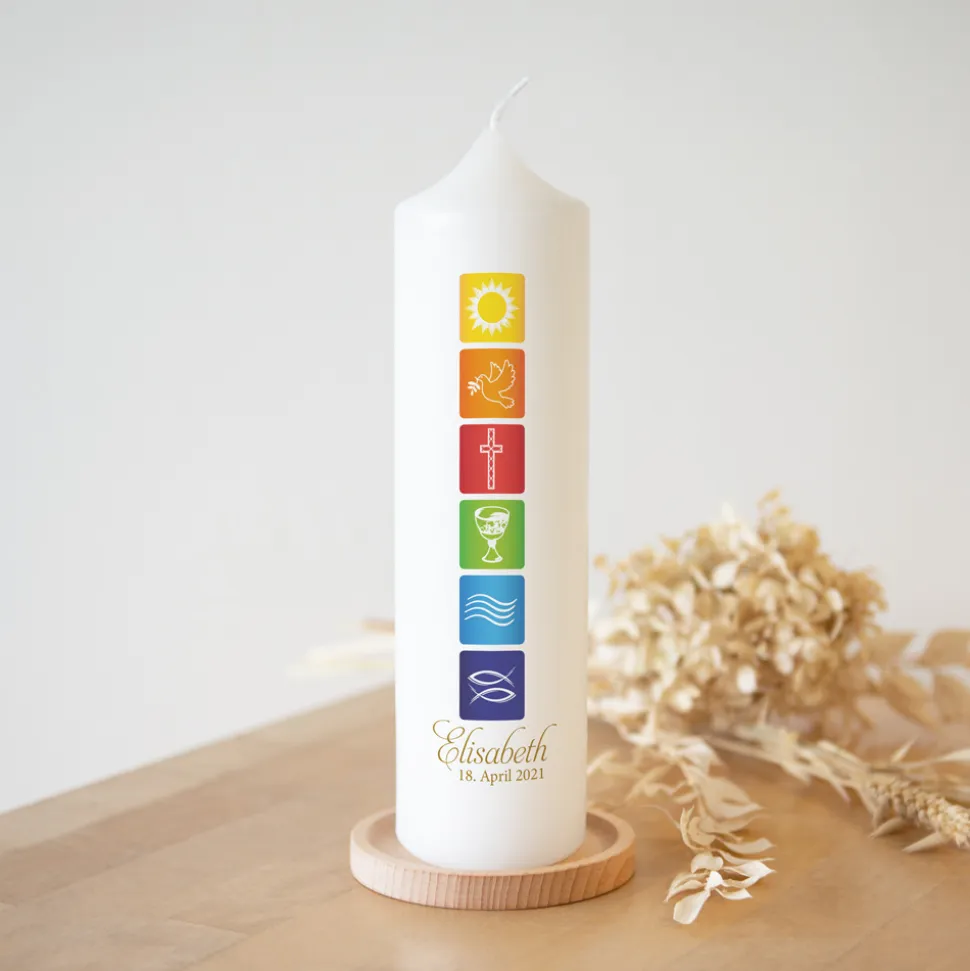 Konfirmationskerze Regenbogen Symbole klassisch