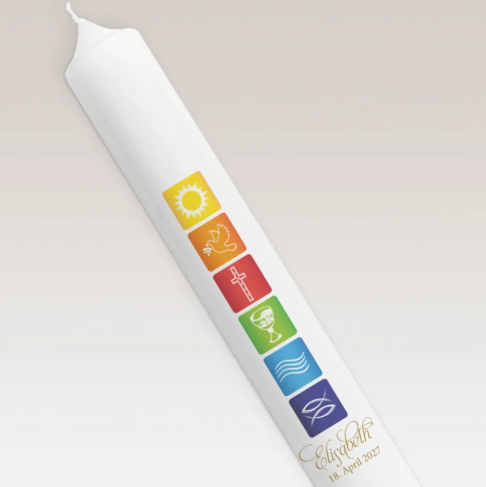Konfirmationskerze Regenbogen Symbole klassisch schmal