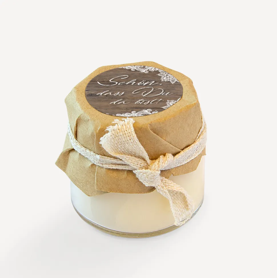 Mini Duftkerze mit Aufkleber "Holz und Spitze"