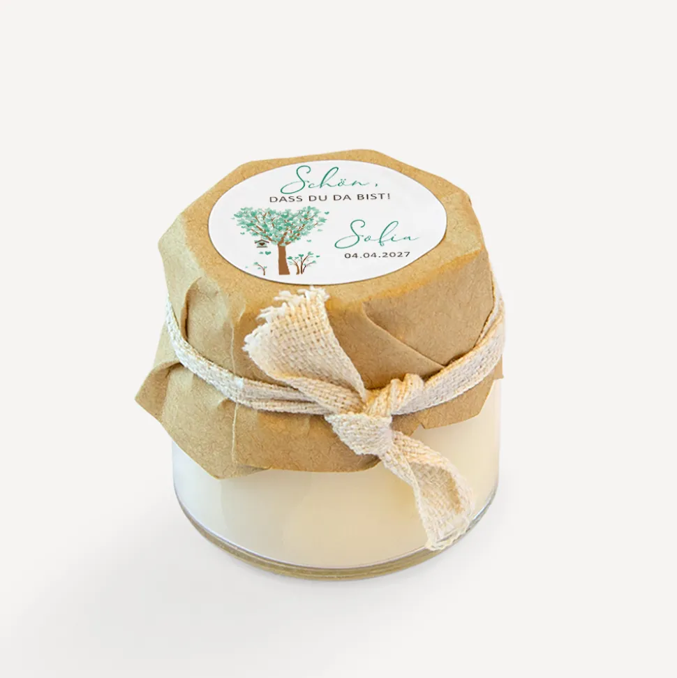 Mini Duftkerze mit Aufkleber "Baum Herzen"