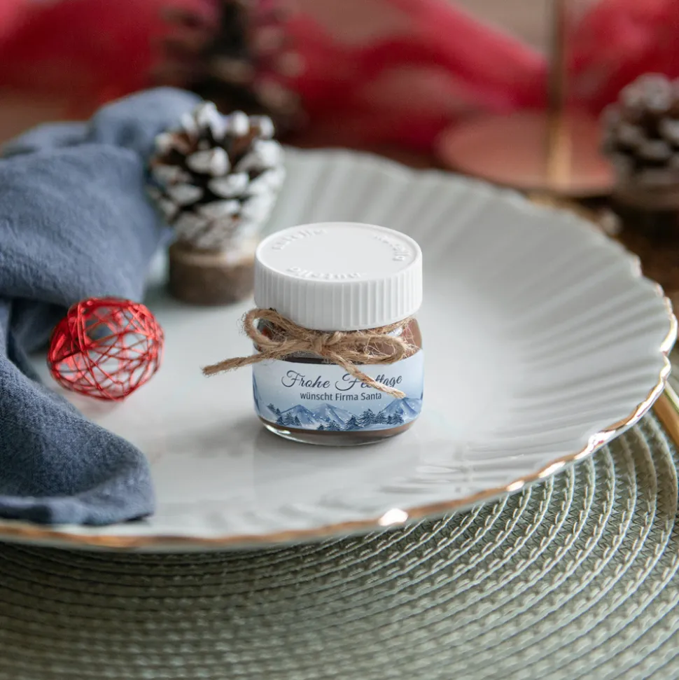 Mini Nutella Glas mit Aufkleber geschäftlich "Winterlandschaft Berge"