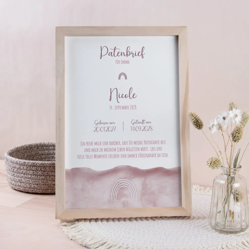Patenbrief "Aquarell mit Regenbogen rosa"