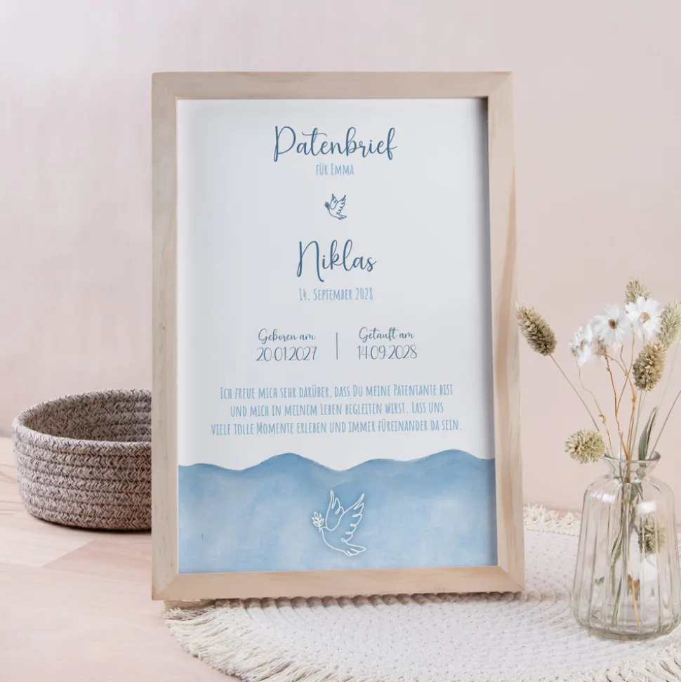 Patenbrief "Aquarell mit Taube blau"