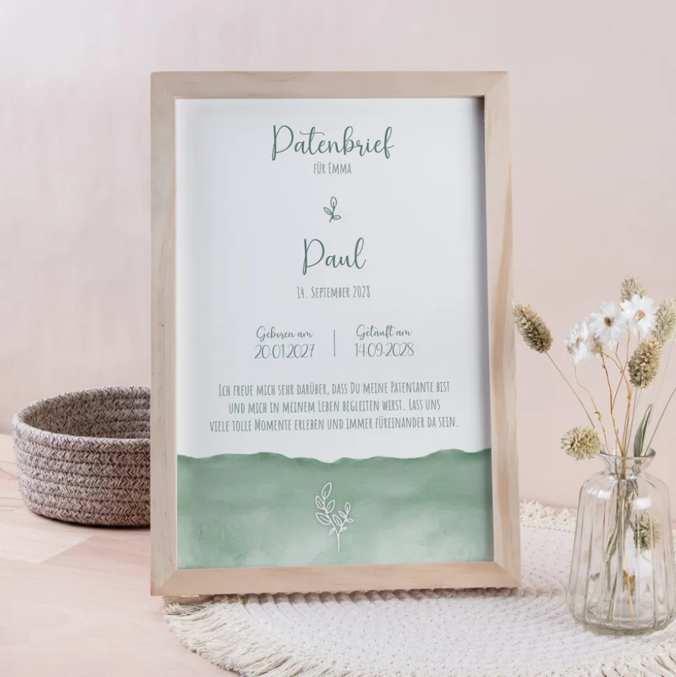 Patenbrief "Aquarell mit Zweig grün"