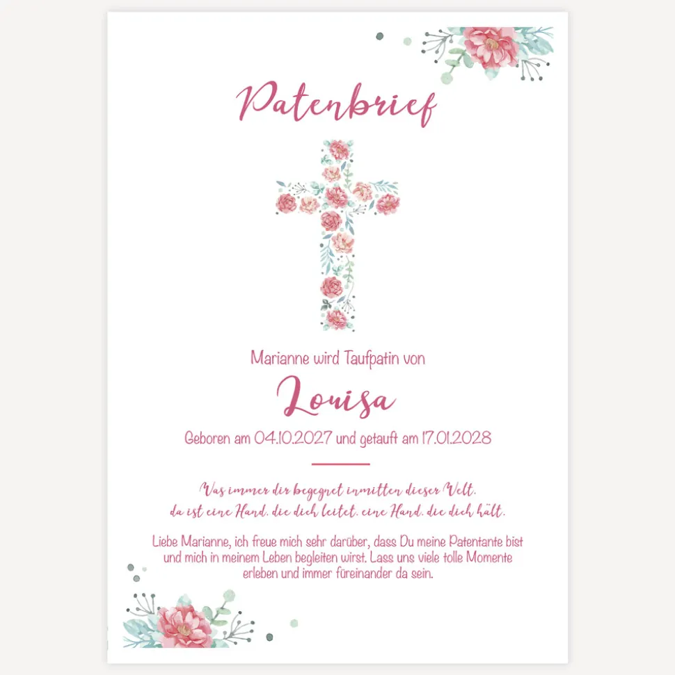 Patenbrief Kreuz mit Blumen