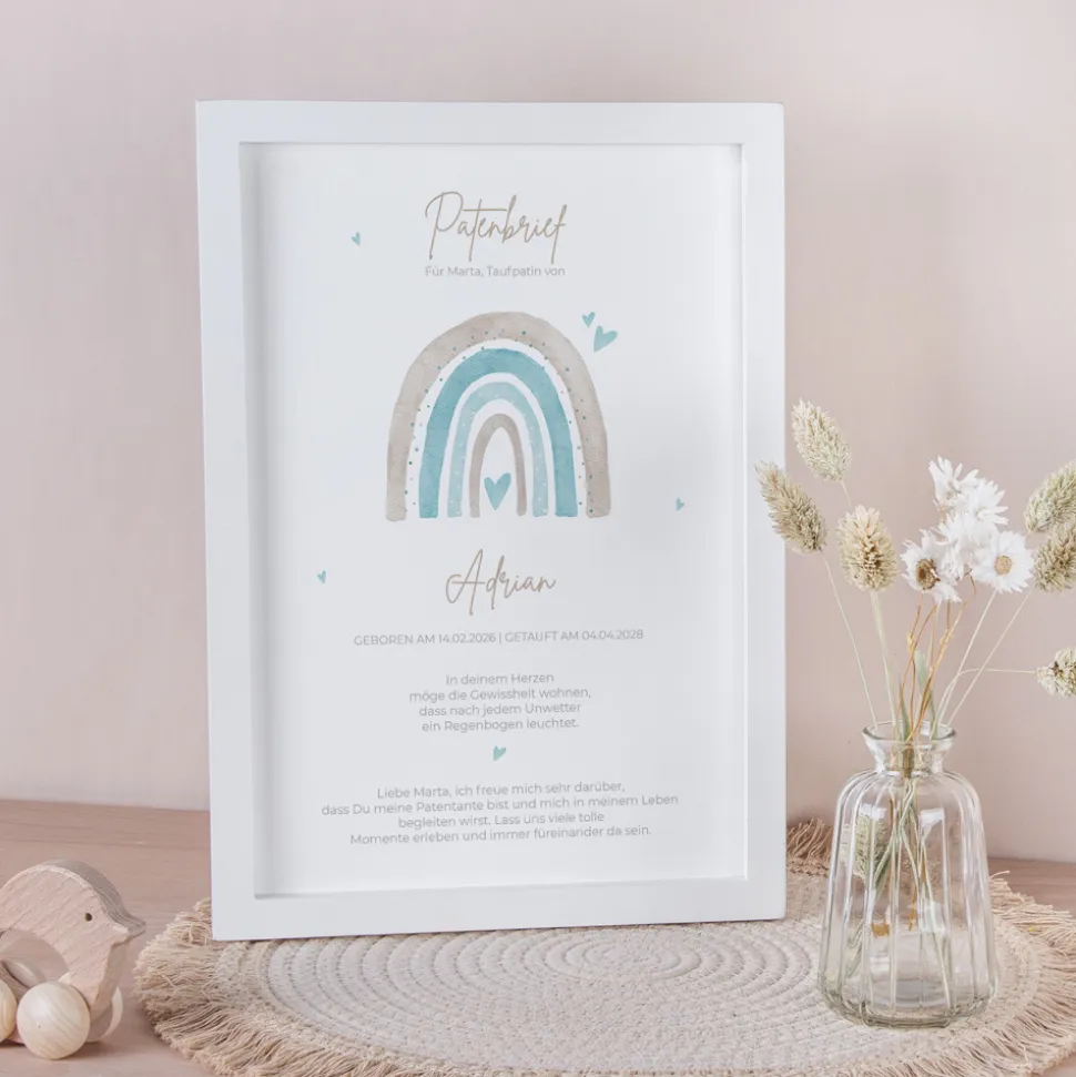 Patenbrief "Regenbogen mit Herzen Pastell"