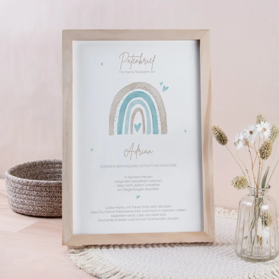 Patenbrief "Regenbogen mit Herzen Pastell"