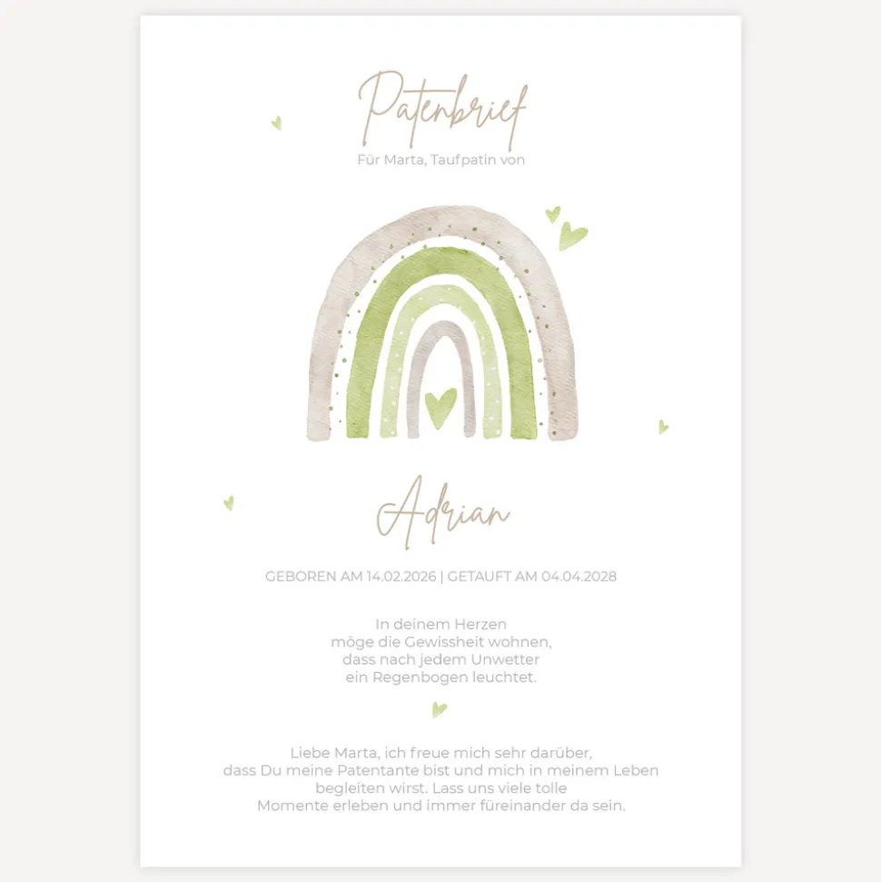 Patenbrief "Regenbogen mit Herzen Pastell"