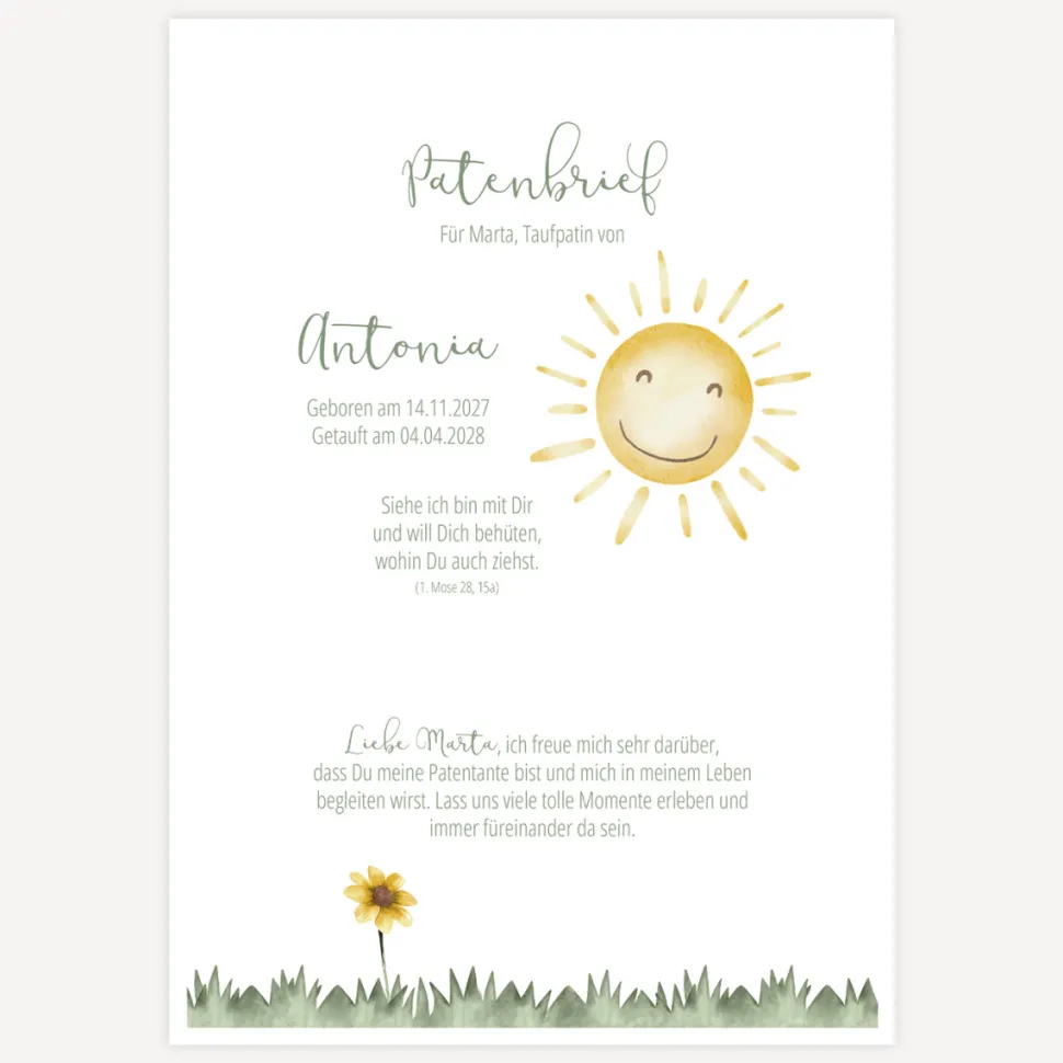 Patenbrief "Sonne mit Blume"
