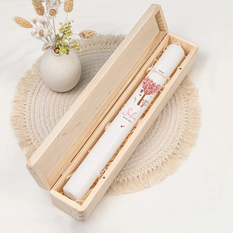 Schmale Kerzenbox Holz "Baum Herzen"