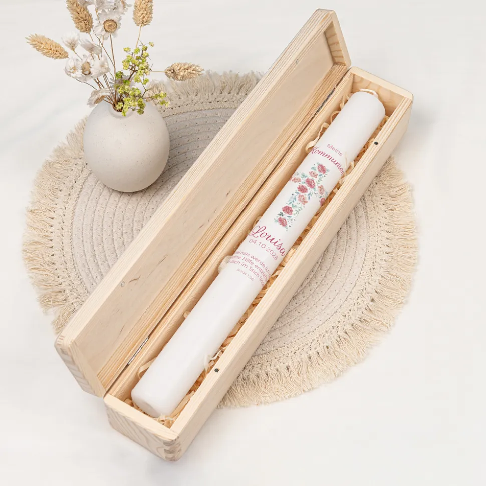 Schmale Kerzenbox Holz "Kreuz mit Blumen"