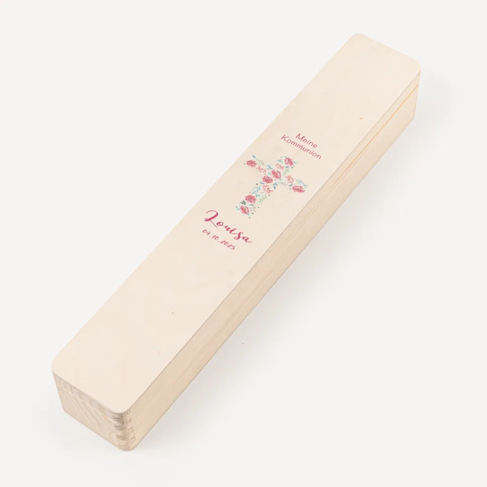 Schmale Kerzenbox Holz "Kreuz mit Blumen"