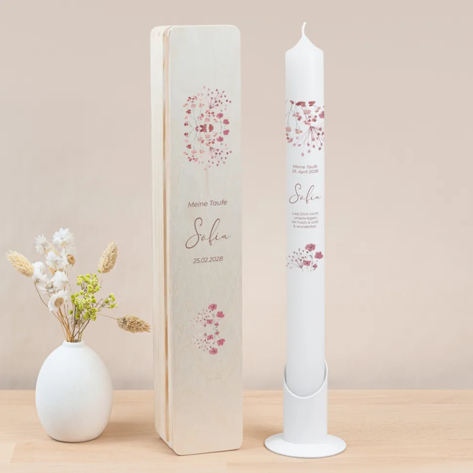 Schmale Kerzenbox Holz "Trockenblumen Blush"