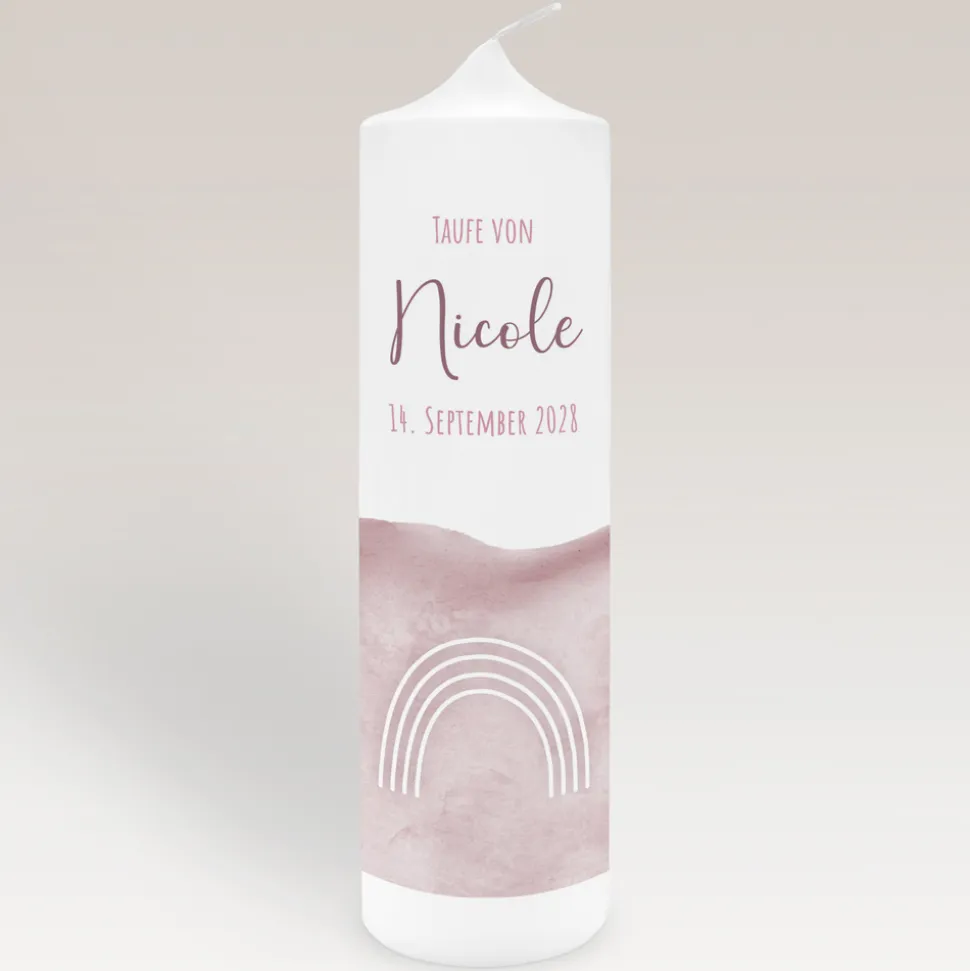 Taufkerze Aquarell mit Regenbogen rosa