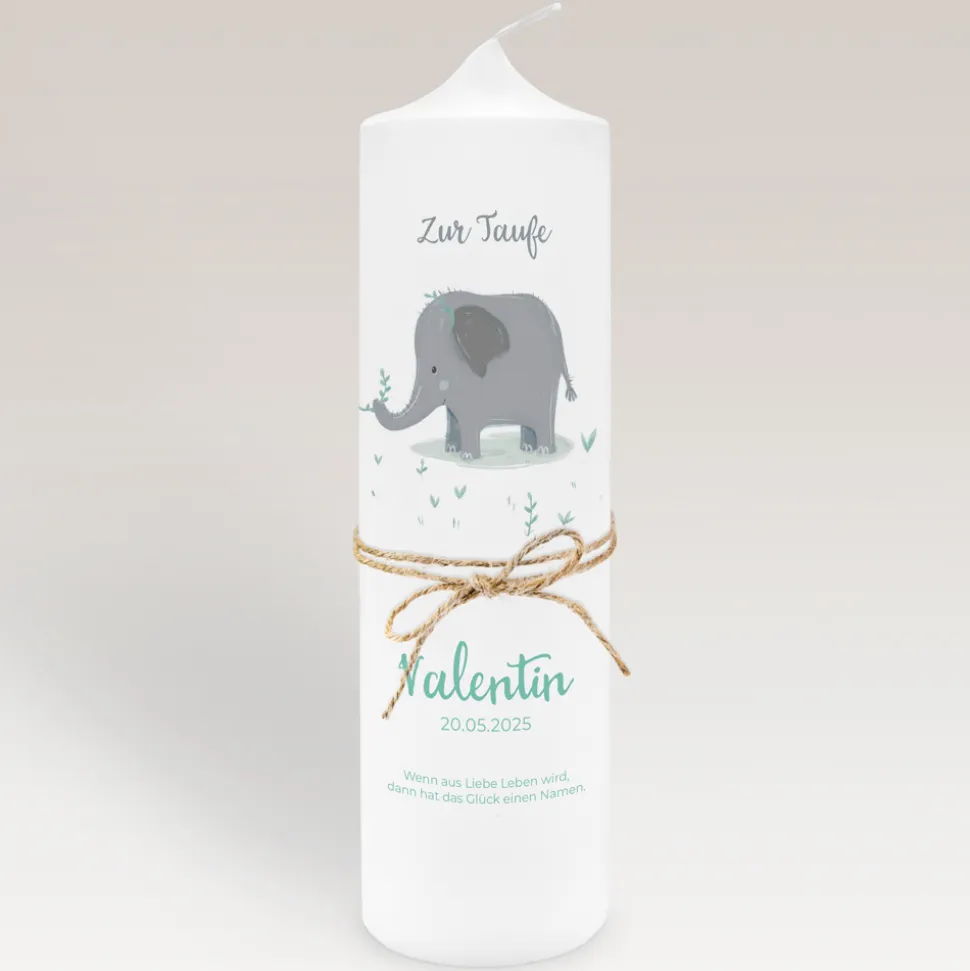 Taufkerze Elefant Elio mit Juteband