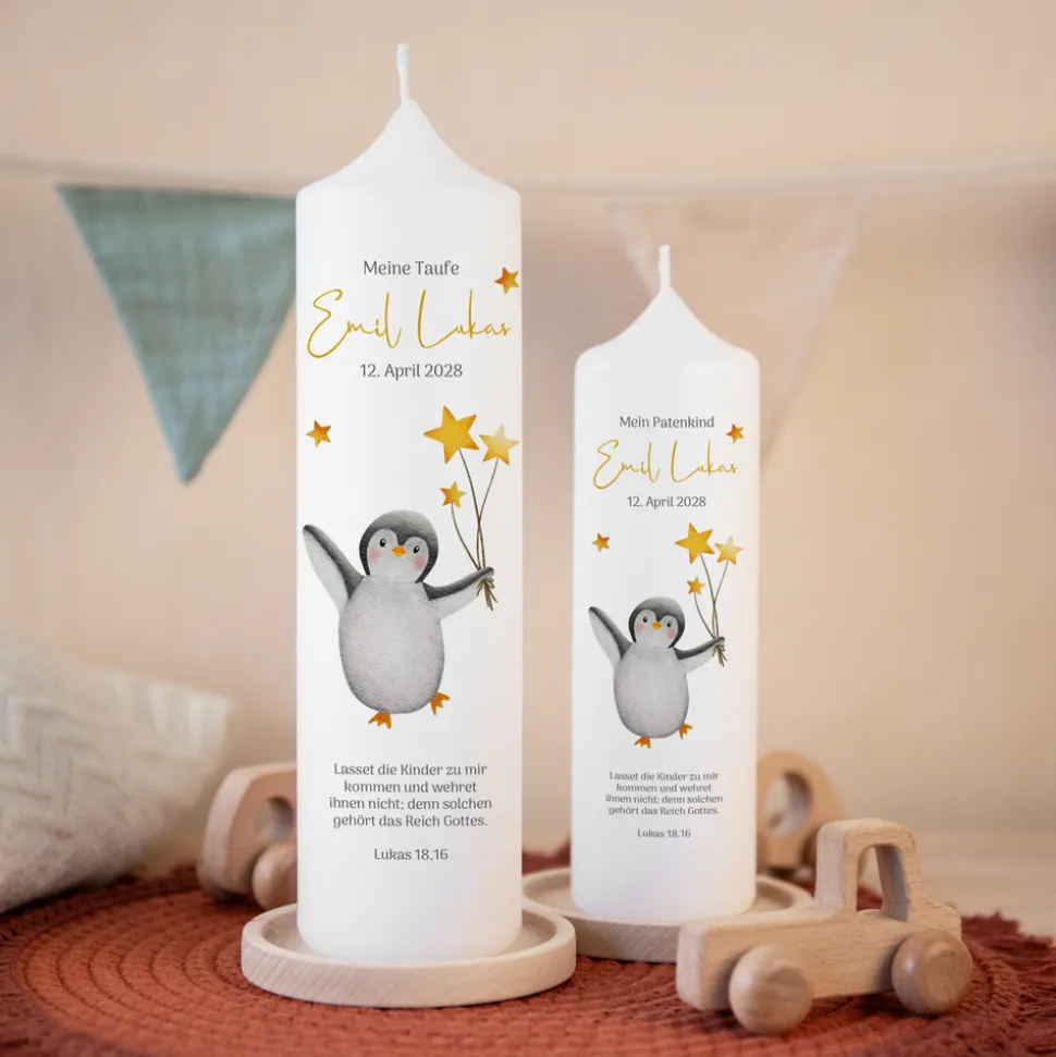 Taufkerze Fröhlicher Pinguin