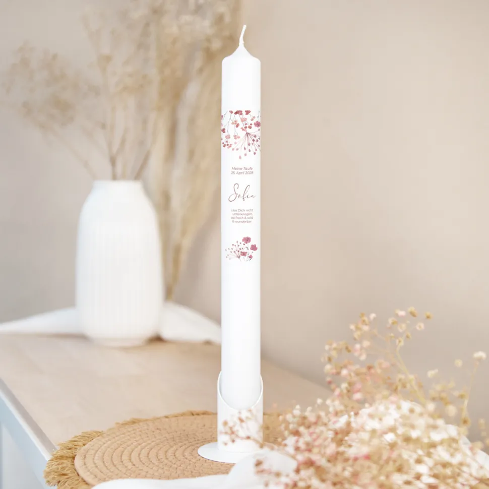 Taufkerze Trockenblumen Blush schmal