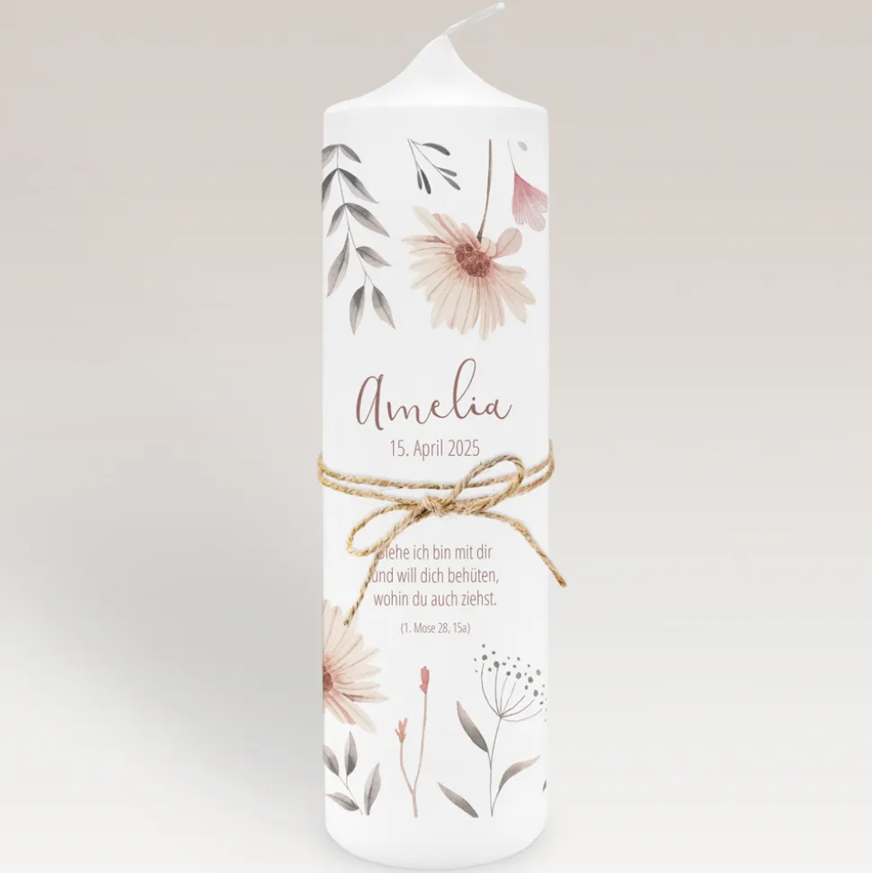 Taufkerze Wild Flowers mit Juteband