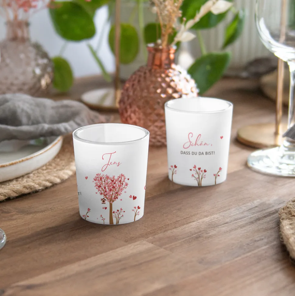 Tischkarte Windlicht "Baum Herzen" inkl. Glas