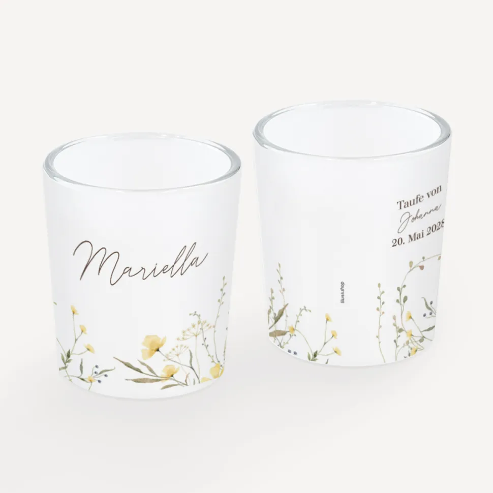 Tischkarte Windlicht "Blütentraum gelb" inkl. Glas