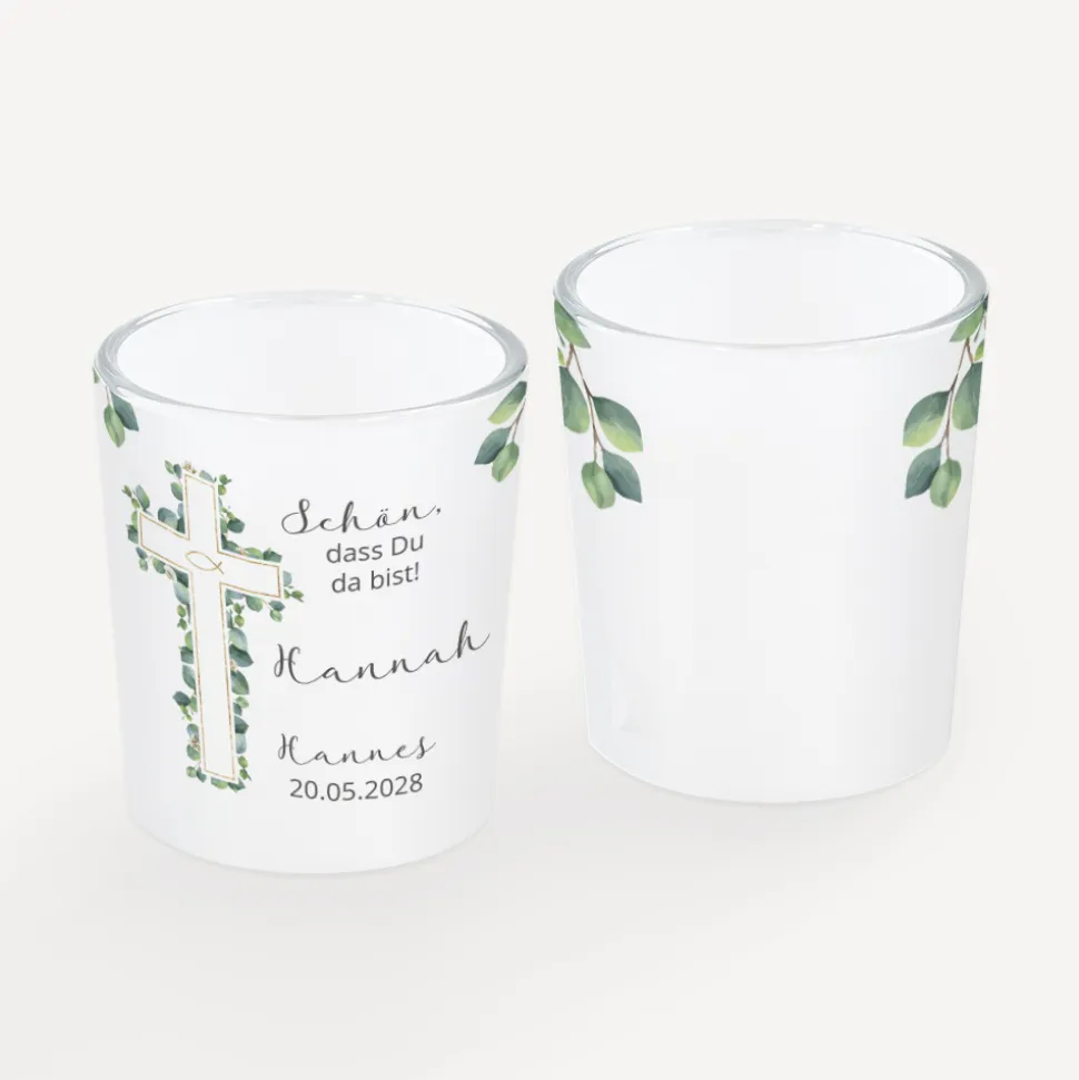Tischkarte Windlicht "Eukalyptus Kreuz" inkl. Glas