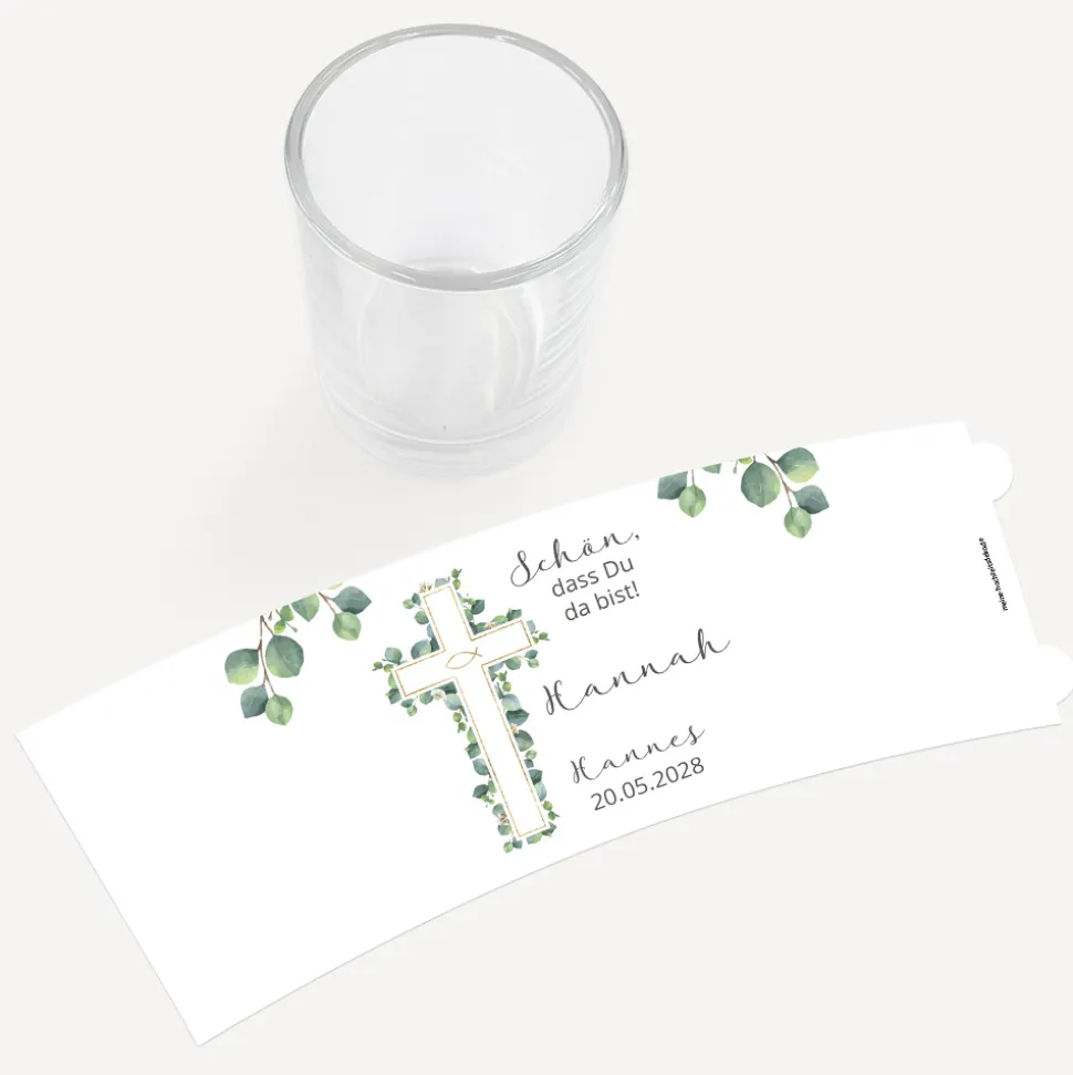 Tischkarte Windlicht "Eukalyptus Kreuz" inkl. Glas