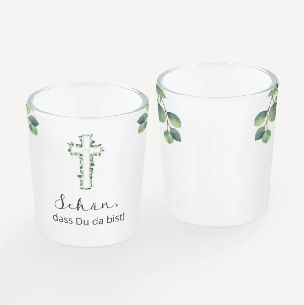 Tischkarte Windlicht "Eukalyptus Kreuz" inkl. Glas