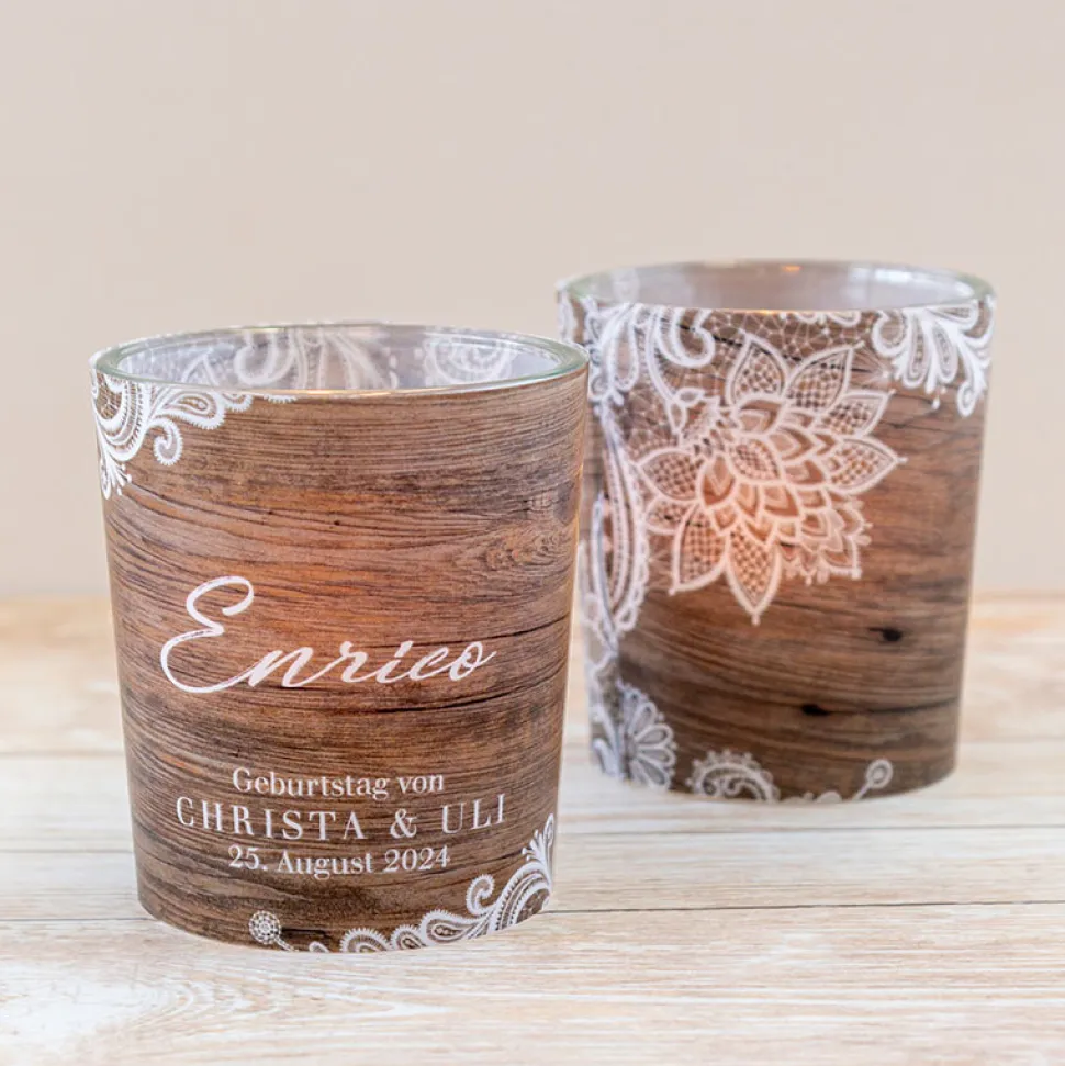 Tischkarte Windlicht Holz und Spitze inkl. Glas